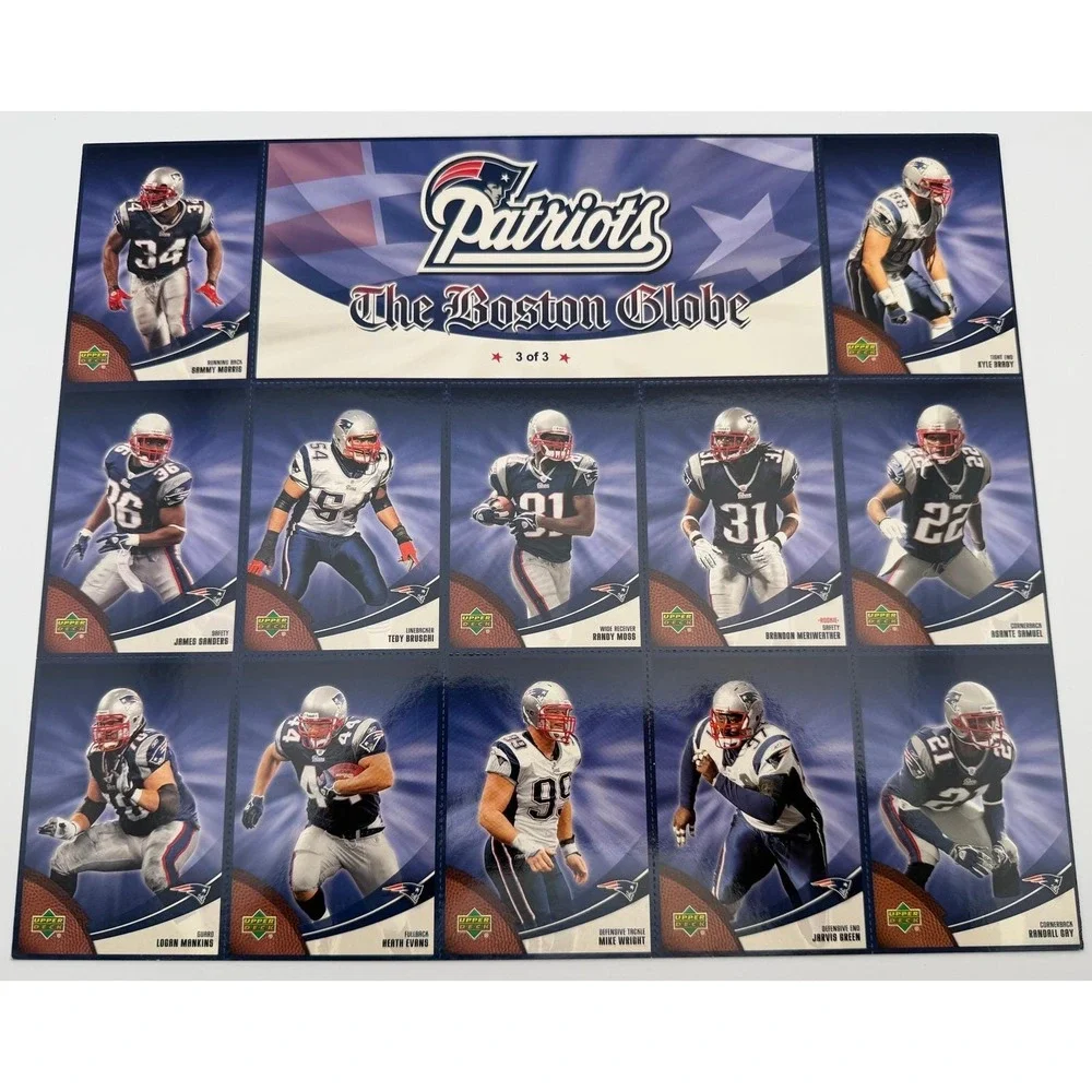 2007 Upper Deck New England Patriots Boston Globe Complete 3 Sheet Set Tom Brady